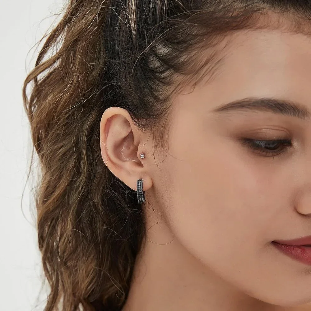 Unisex Black Garnet Sapphire Emerald Cubic Zirconia Diamond Huggie Earrings